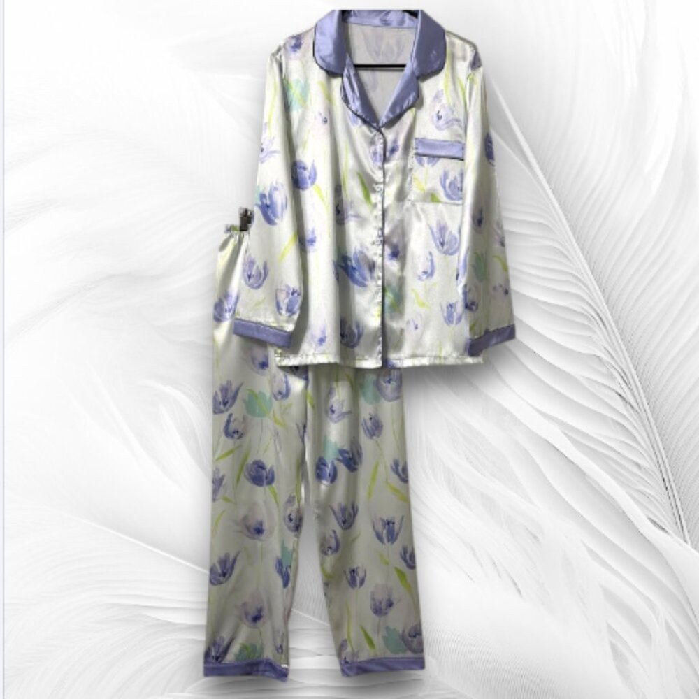 Women’s Satin Pajama Set L – Floral Print Button Top & Pants (Light Purple/Blue) - Picture 2 of 9